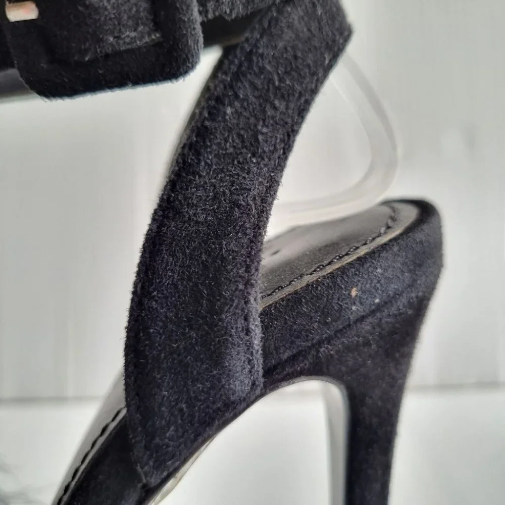 Aje. Black Feather & Suede Open Toe Stilettos Size 36 - Picture 10 of 10